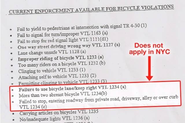 Last year, Streetsblog obtained this internal NYPD memo revealing that the NYPD brass was improperly instructing officers to enforce laws against cyclists that did not apply in NYC.
